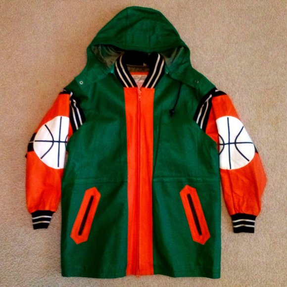 Leather Basketball Hooded Coat: 3/4" Length.Vintage 1991.Full Court Back